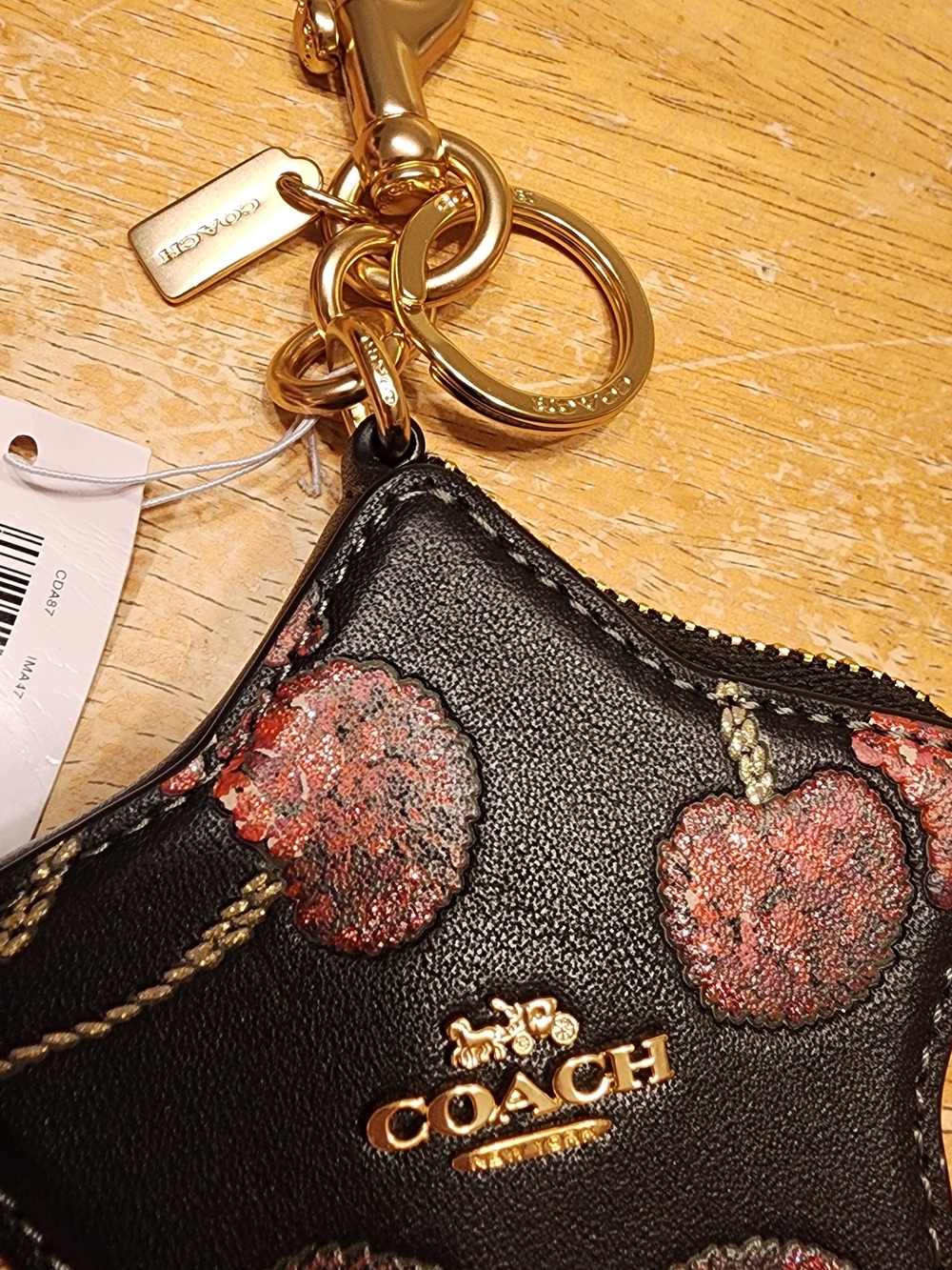Coach Black Star Coin Pouch Keyring with Red Floral Print - Picture 2 of 10